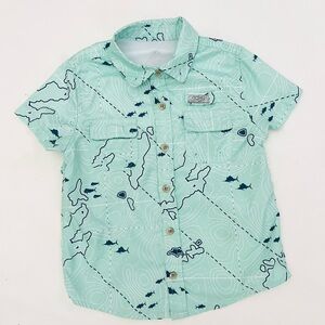 Ocean Coast Short Sleeve Button Up Shirt, boys size 4, teal with map design